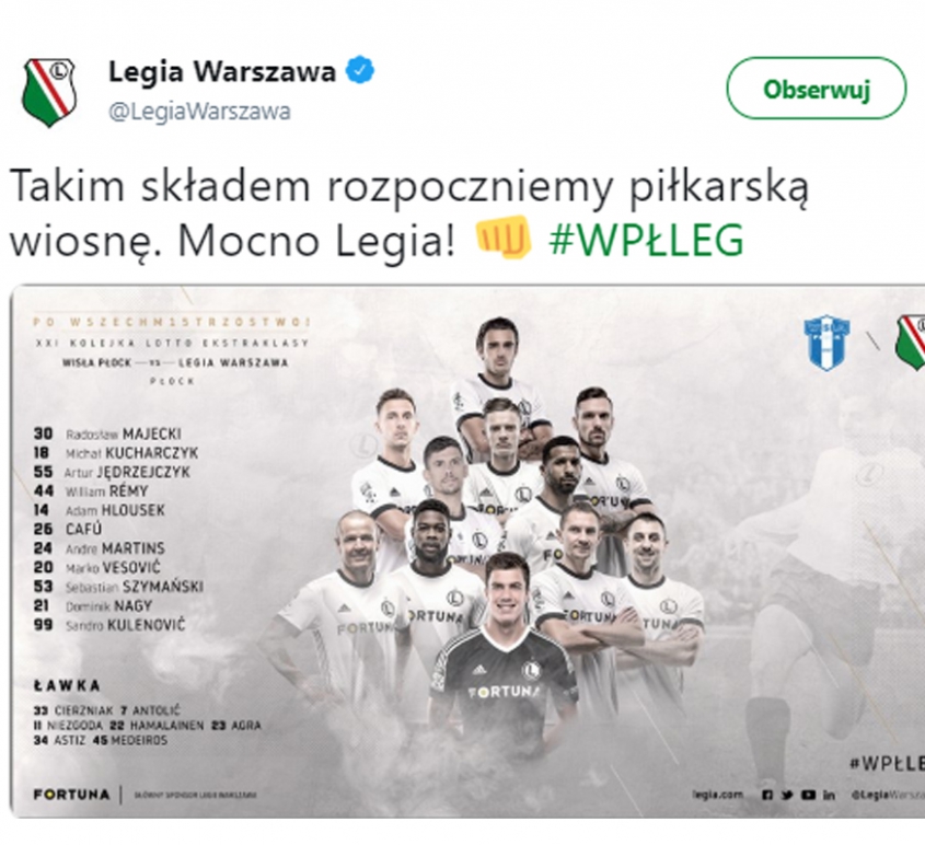 Tak wygląda XI Legii na mecz z Wisłą Płock! :D